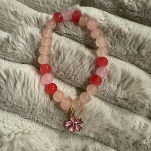 Pink & Red Beaded Stretch Bracelet with Flower Charm